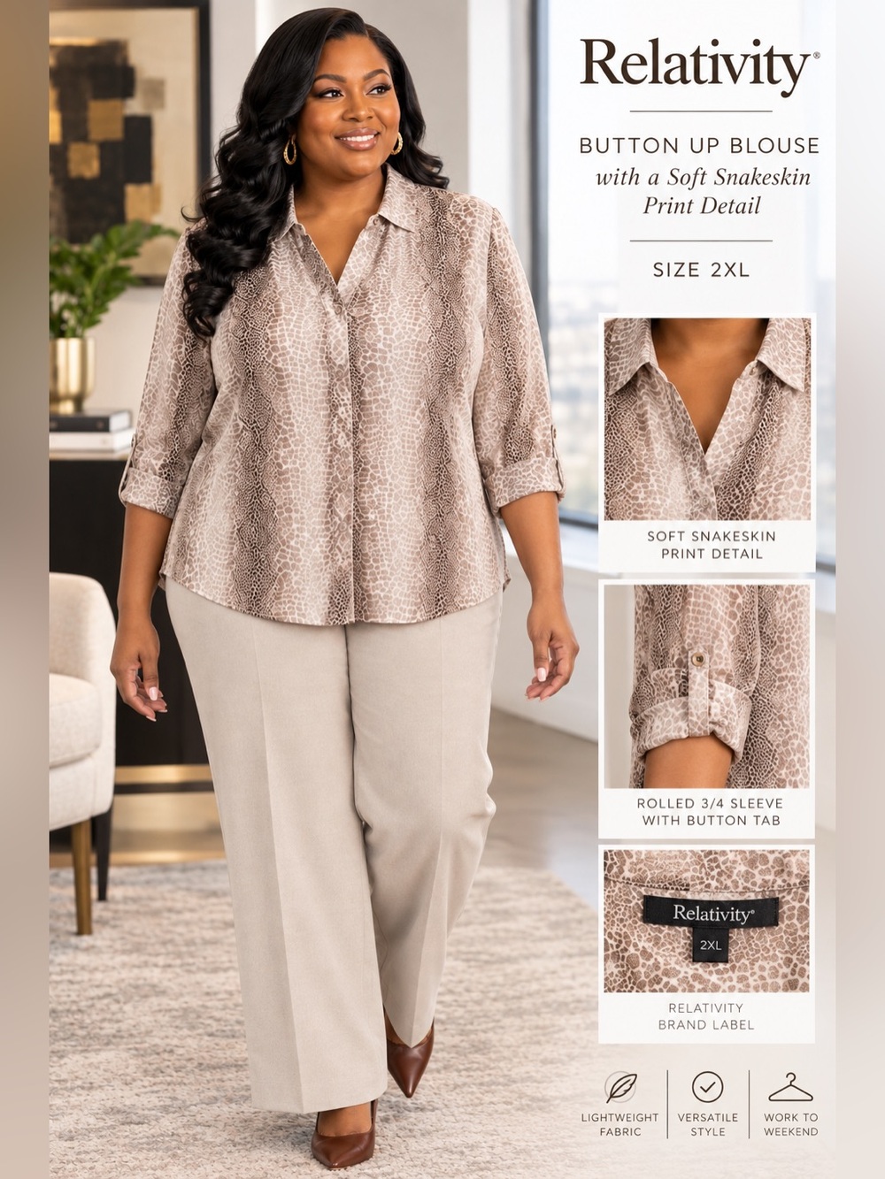 Relativity Women's Snakeprint Button Front Blouse Sz 2X